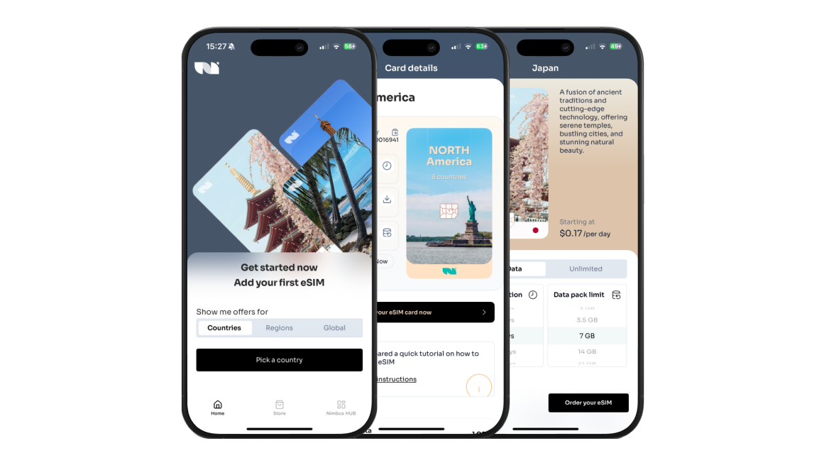 Nimbus app on three smartphones